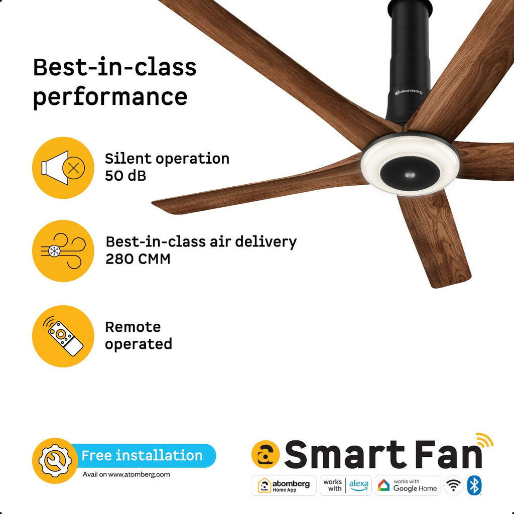 Atomberg Emperion Magna Smart Ceiling Fan 1280mm Amber Light Teak Wooden