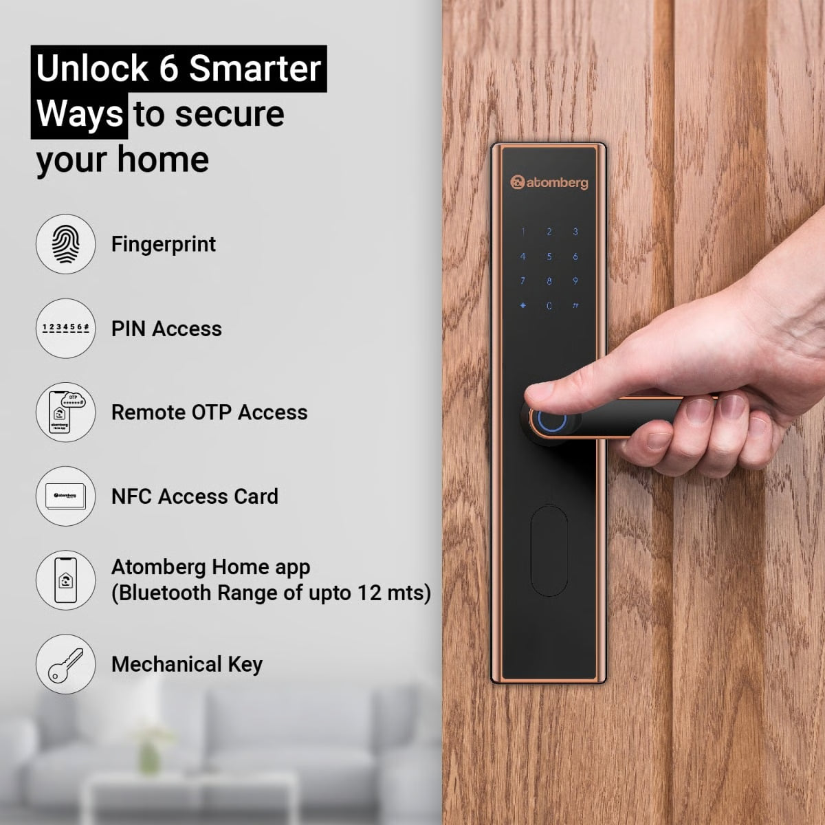 Atomberg SL 1 Smart Door Lock | Rose Gold | 6-Way Unlocking
