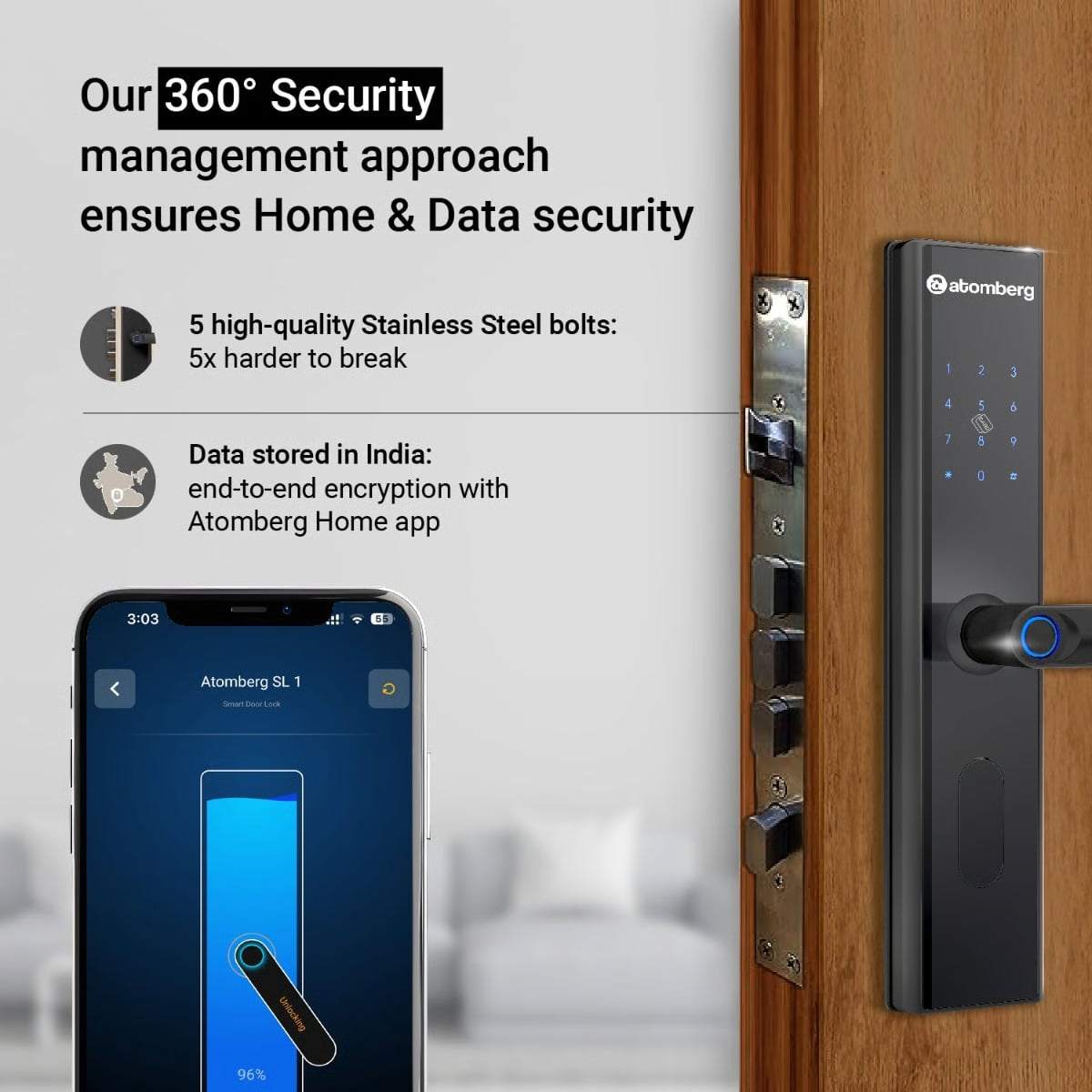 Atomberg SL 1 Smart Door Lock | Rose Gold | 6-Way Unlocking