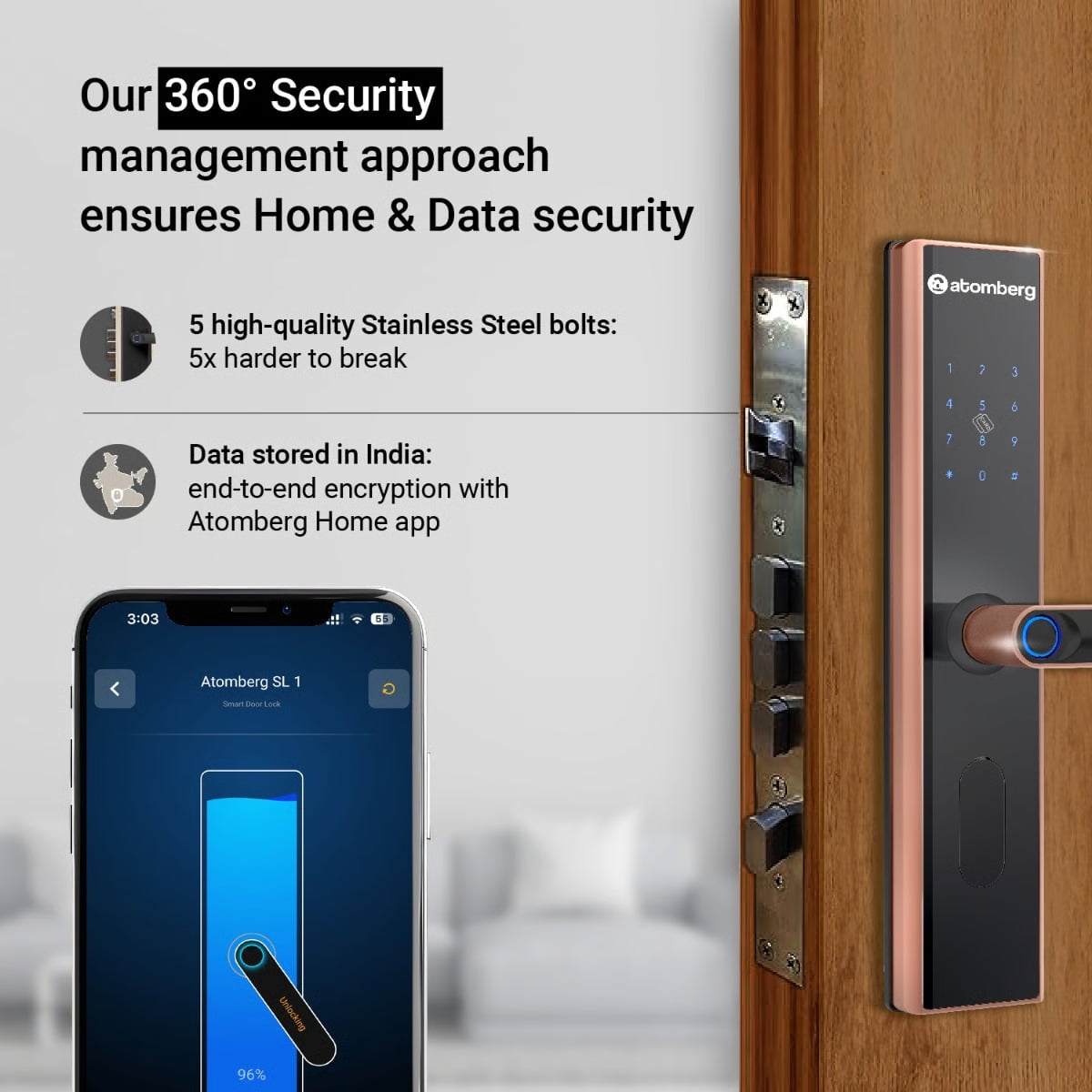 Atomberg SL 1 Smart Door Lock | Rose Gold | 6-Way Unlocking
